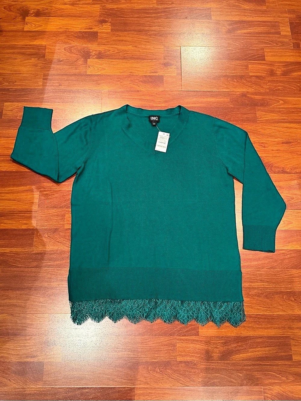 INC Coastal League Lace Hem Sweater in Green Size Large NWT
